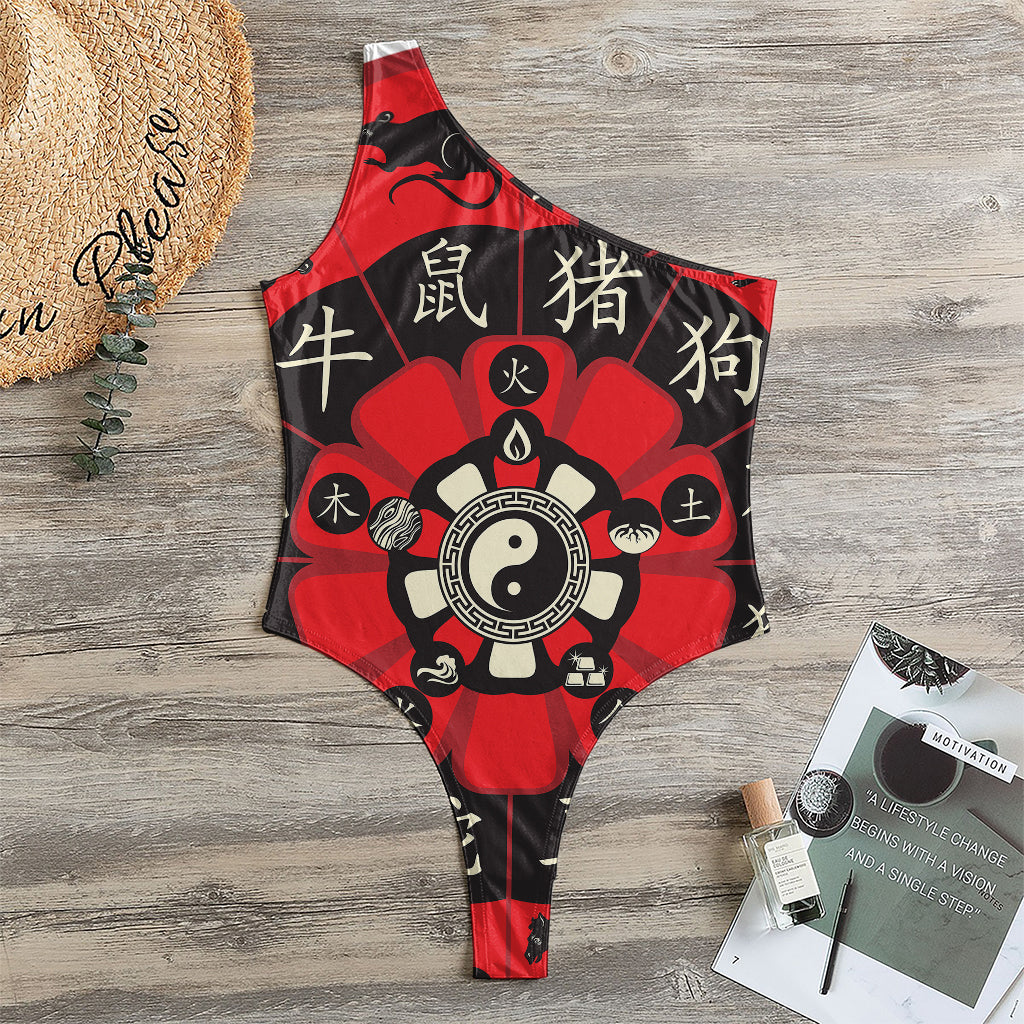 Red Chinese Zodiac Wheel Print One Shoulder Bodysuit