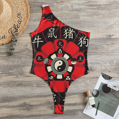 Red Chinese Zodiac Wheel Print One Shoulder Bodysuit