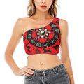 Red Chinese Zodiac Wheel Print One Shoulder Crop Top
