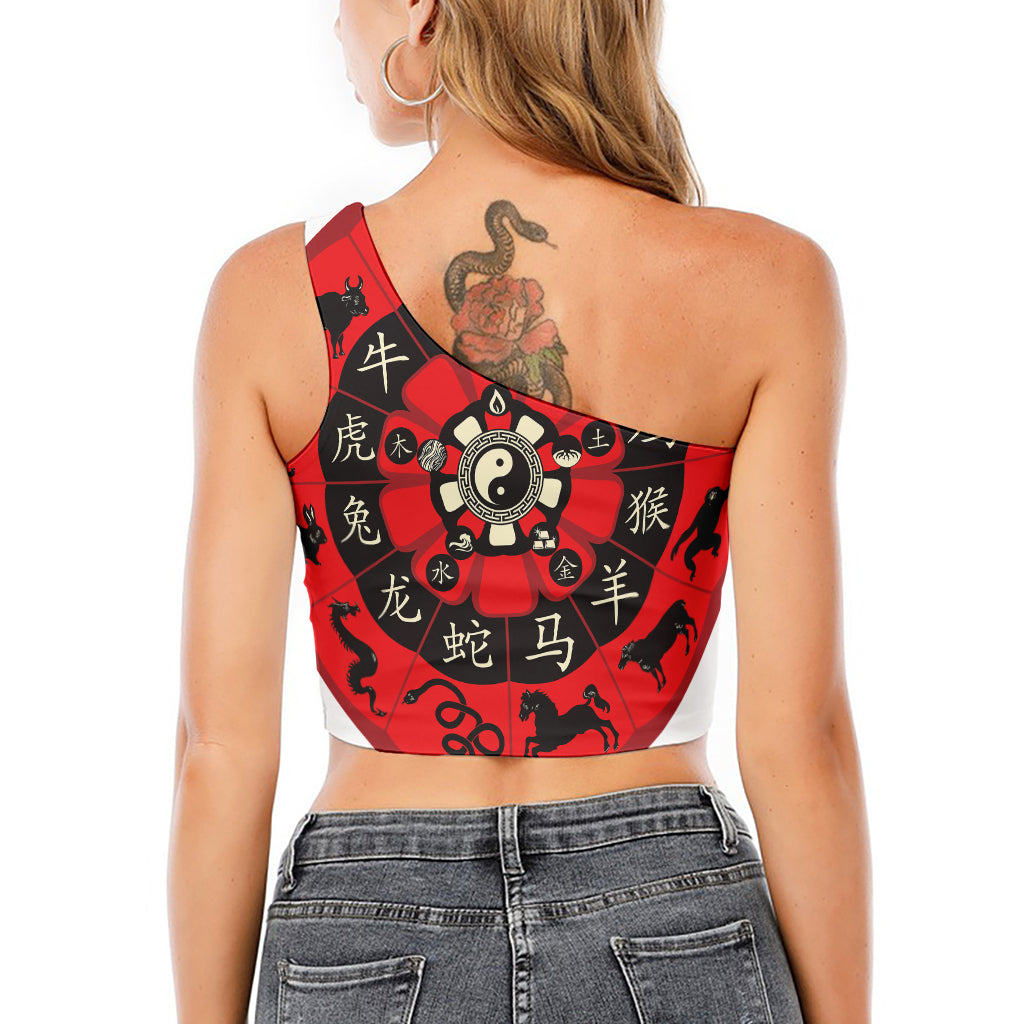 Red Chinese Zodiac Wheel Print One Shoulder Crop Top