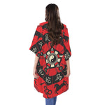 Red Chinese Zodiac Wheel Print Open Front Beach Cover Up