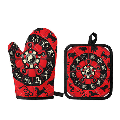 Red Chinese Zodiac Wheel Print Oven Mitt And Pot Holder Set