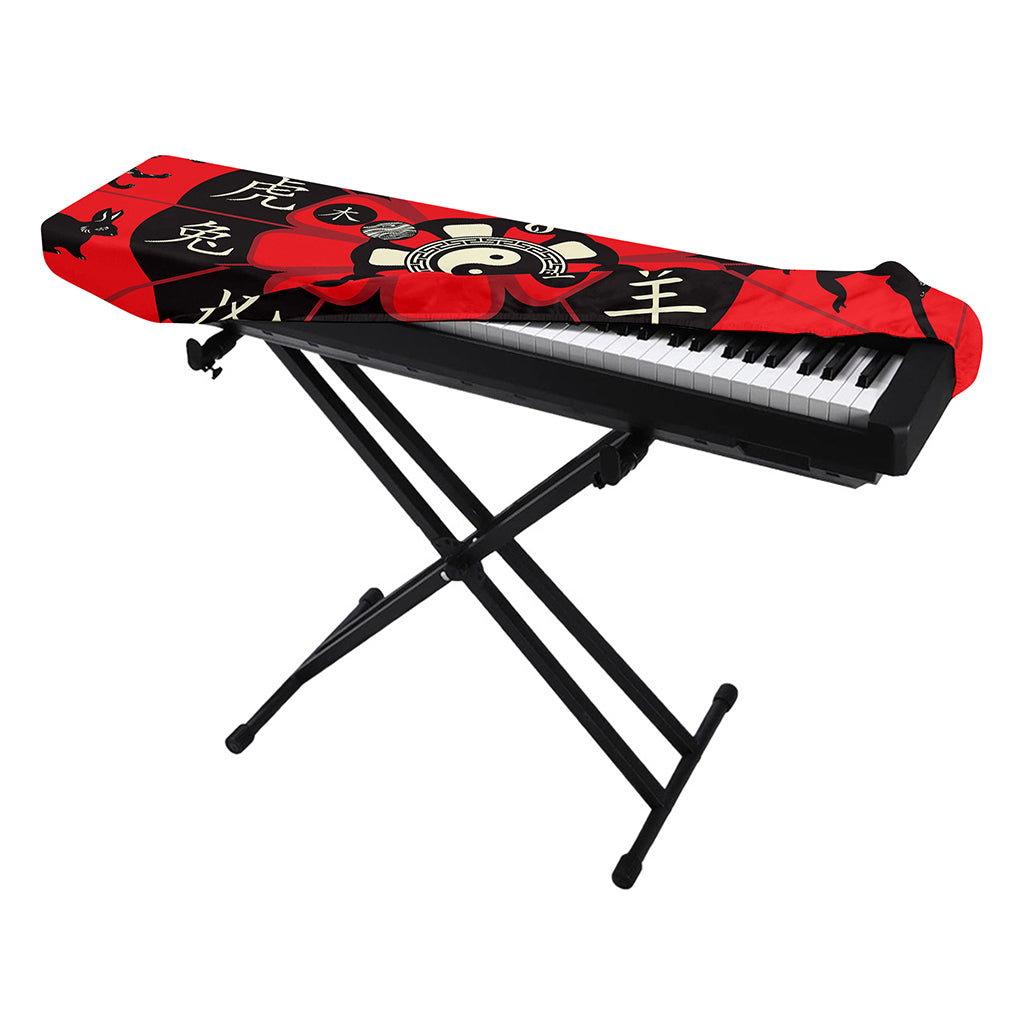 Red Chinese Zodiac Wheel Print Piano Keyboard Cover