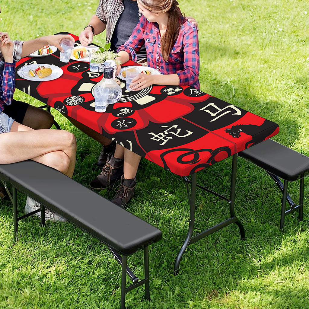 Red Chinese Zodiac Wheel Print Picnic Table Cover