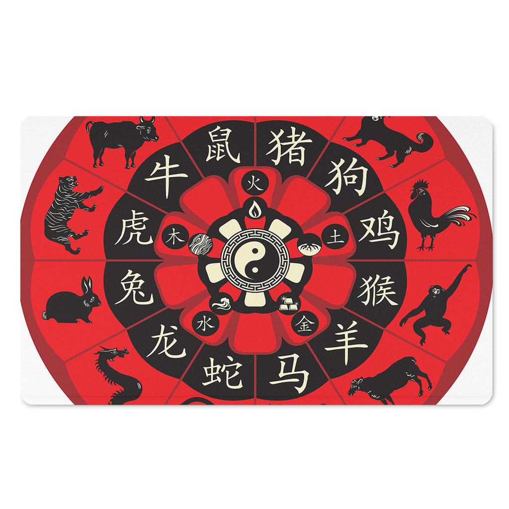 Red Chinese Zodiac Wheel Print Polyester Doormat