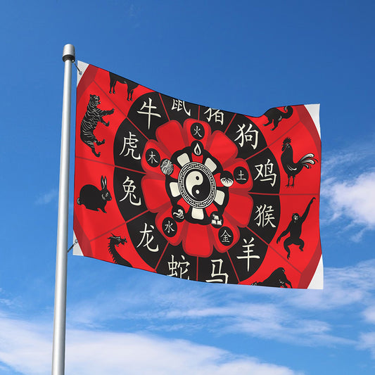 Red Chinese Zodiac Wheel Print Polyester Flag
