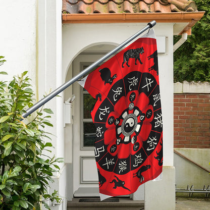 Red Chinese Zodiac Wheel Print Polyester Flag