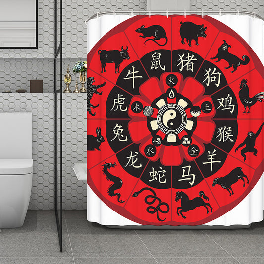 Red Chinese Zodiac Wheel Print Polyester Shower Curtain