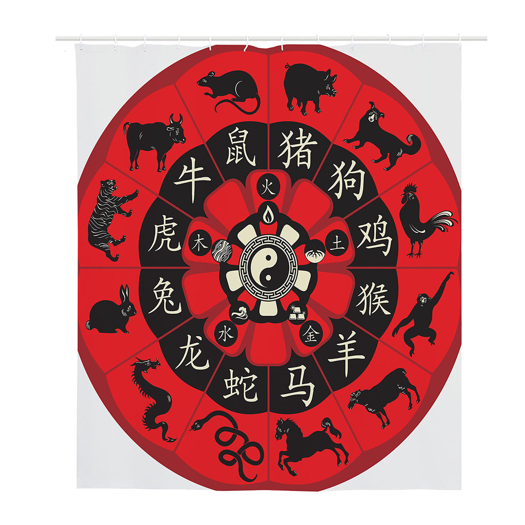 Red Chinese Zodiac Wheel Print Polyester Shower Curtain