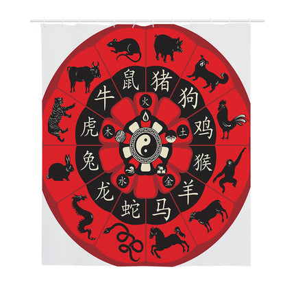 Red Chinese Zodiac Wheel Print Polyester Shower Curtain