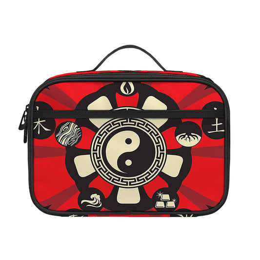 Red Chinese Zodiac Wheel Print Portable Lunch Bag