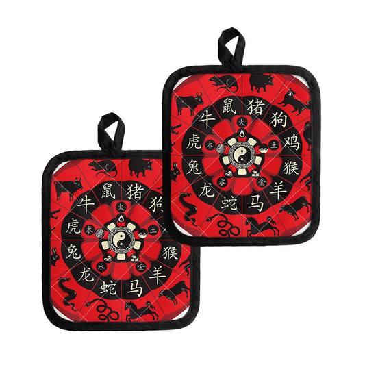 Red Chinese Zodiac Wheel Print Pot Holders