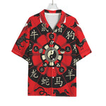 Red Chinese Zodiac Wheel Print Rayon Hawaiian Shirt