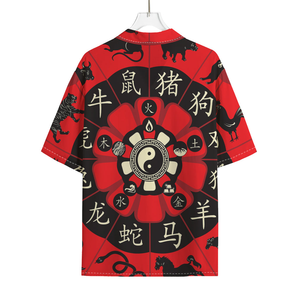 Red Chinese Zodiac Wheel Print Rayon Hawaiian Shirt