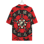Red Chinese Zodiac Wheel Print Rayon Hawaiian Shirt