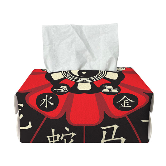 Red Chinese Zodiac Wheel Print Rectangle Tissue Box Cover