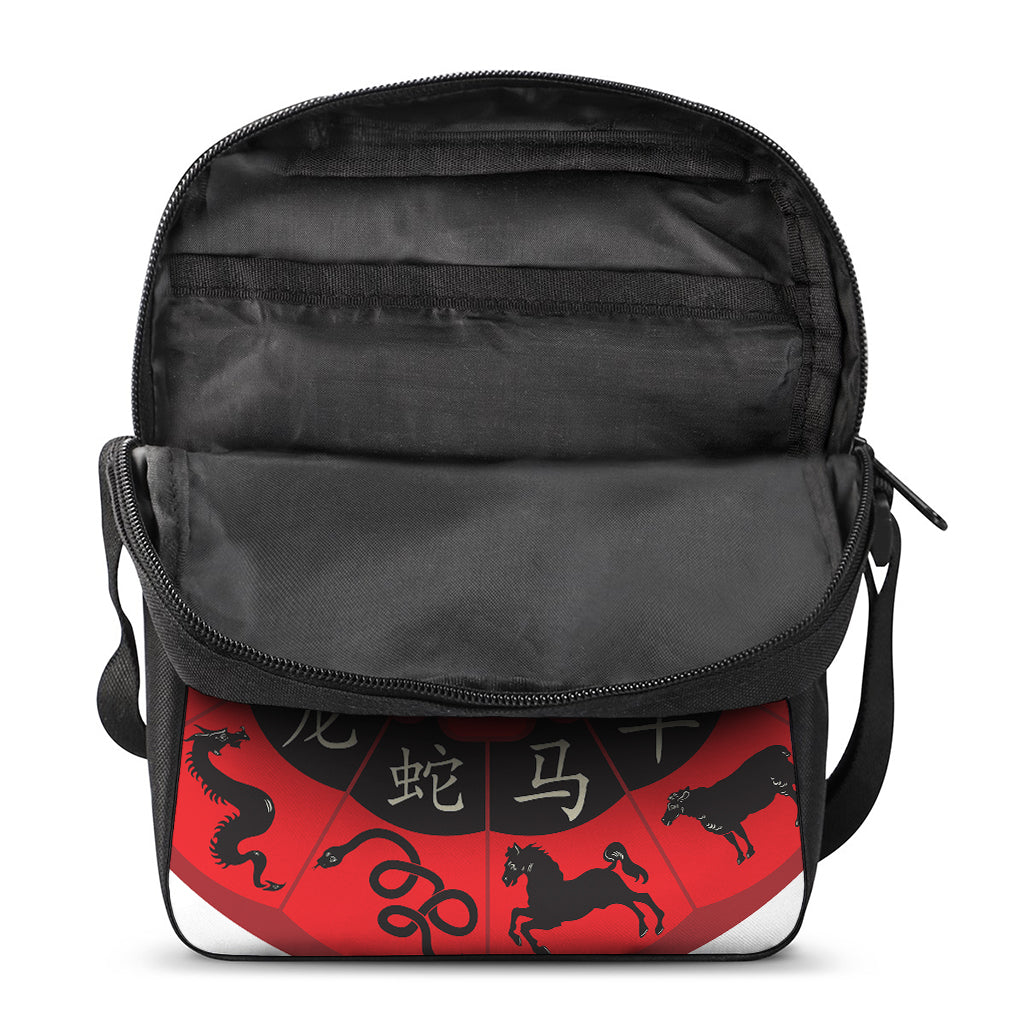 Red Chinese Zodiac Wheel Print Rectangular Crossbody Bag