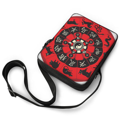 Red Chinese Zodiac Wheel Print Rectangular Crossbody Bag