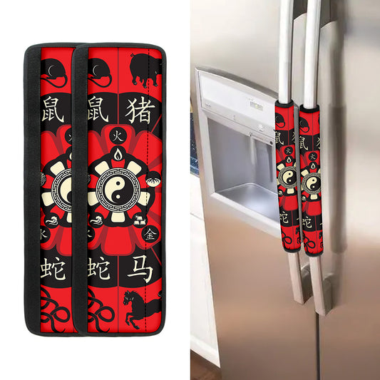 Red Chinese Zodiac Wheel Print Refrigerator Handle Covers