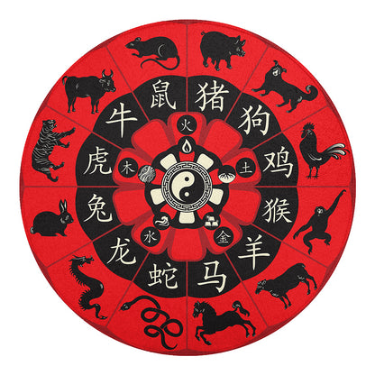 Red Chinese Zodiac Wheel Print Round Blanket