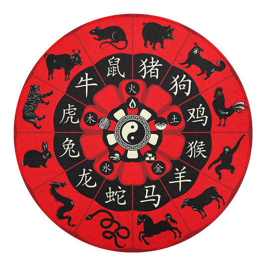 Red Chinese Zodiac Wheel Print Round Blanket