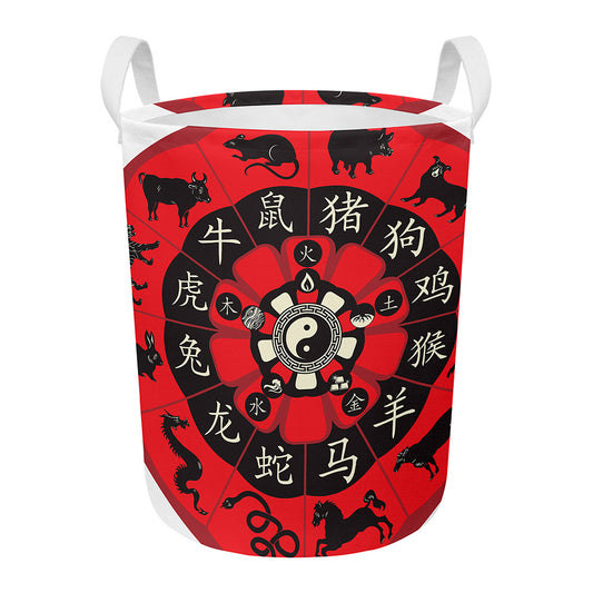 Red Chinese Zodiac Wheel Print Round Laundry Basket