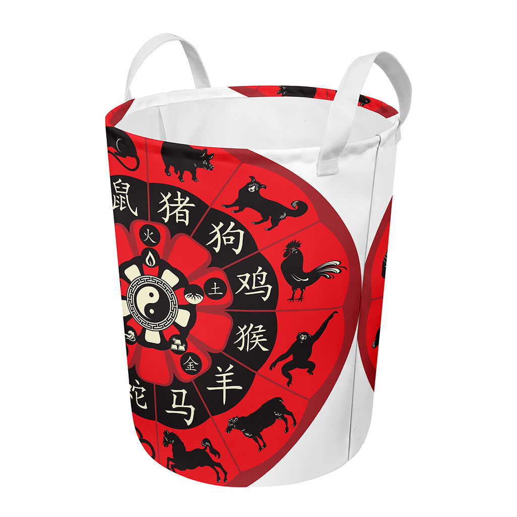 Red Chinese Zodiac Wheel Print Round Laundry Basket