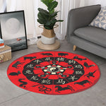 Red Chinese Zodiac Wheel Print Round Rug