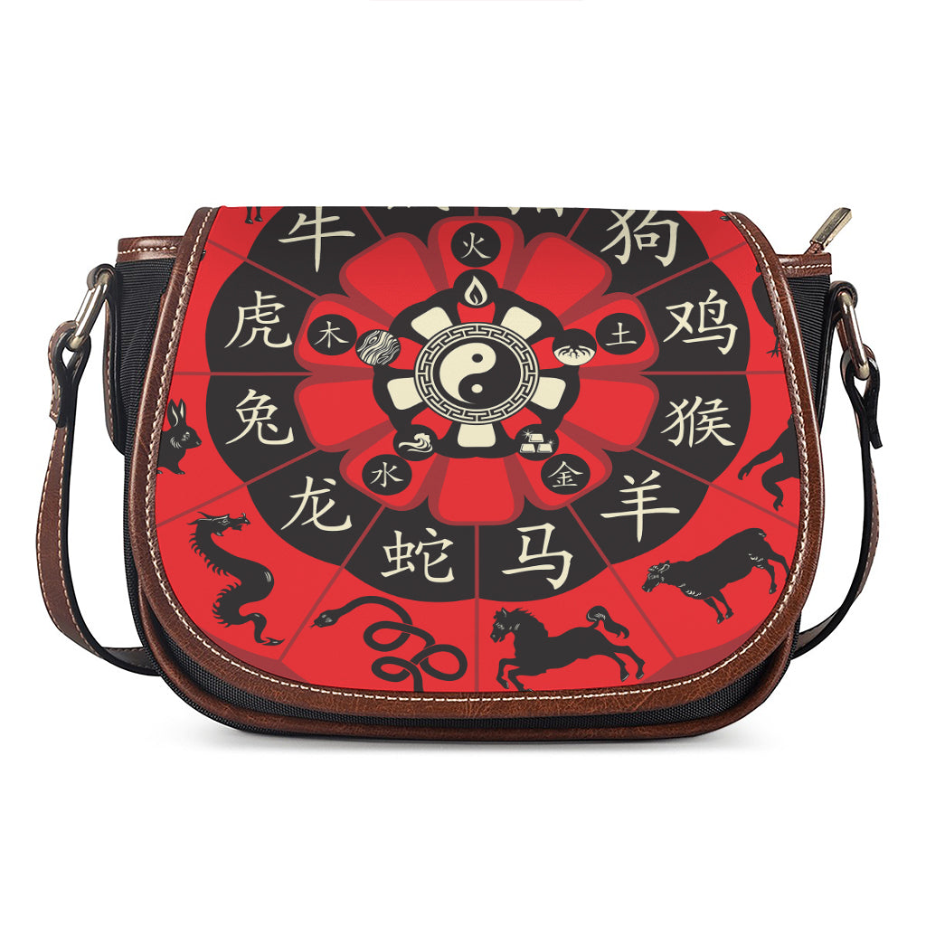 Red Chinese Zodiac Wheel Print Saddle Bag