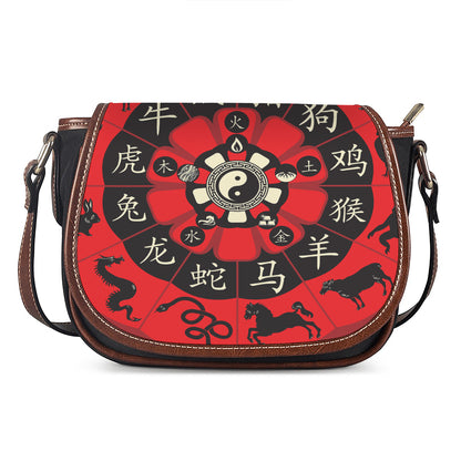 Red Chinese Zodiac Wheel Print Saddle Bag