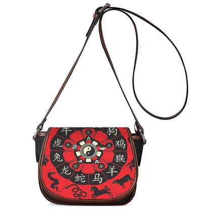 Red Chinese Zodiac Wheel Print Saddle Bag