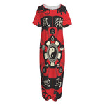 Red Chinese Zodiac Wheel Print Short Sleeve Long Nightdress