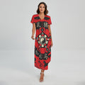 Red Chinese Zodiac Wheel Print Short Sleeve Maxi Dress