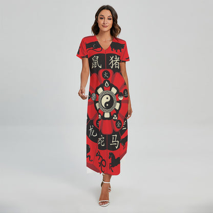 Red Chinese Zodiac Wheel Print Short Sleeve Maxi Dress