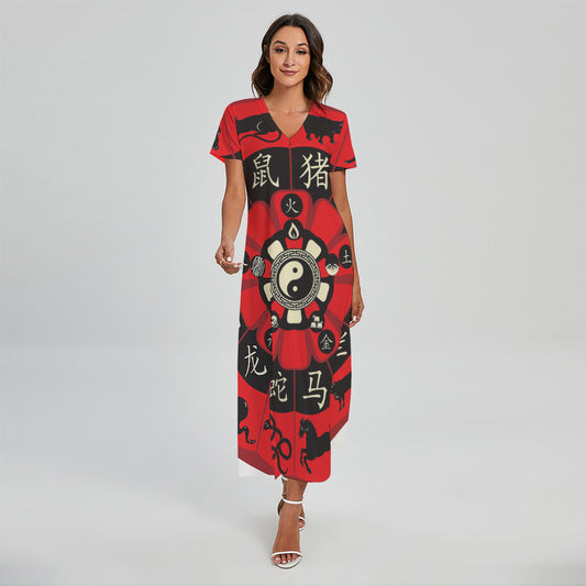 Red Chinese Zodiac Wheel Print Short Sleeve Maxi Dress