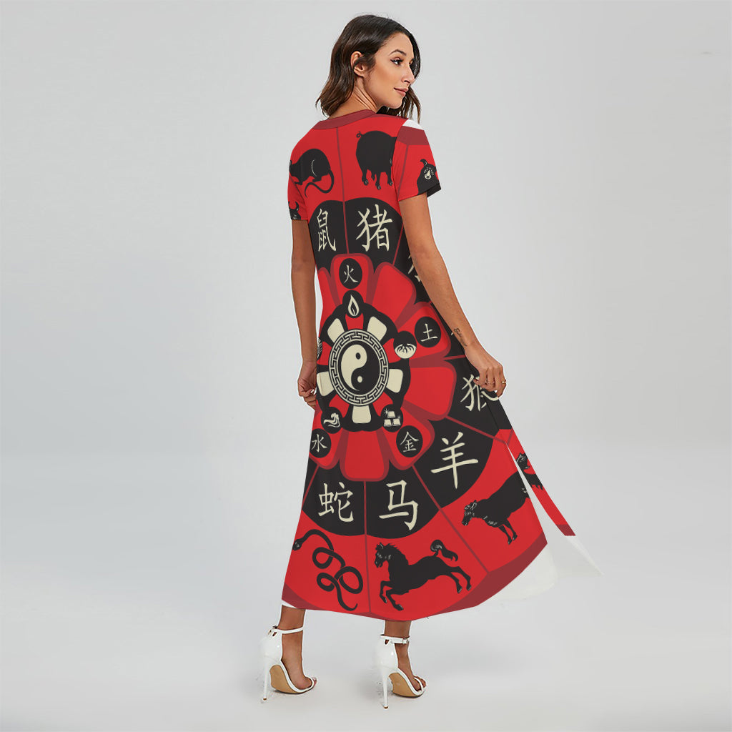 Red Chinese Zodiac Wheel Print Short Sleeve Maxi Dress