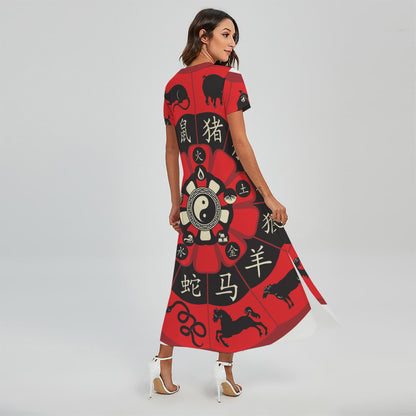 Red Chinese Zodiac Wheel Print Short Sleeve Maxi Dress