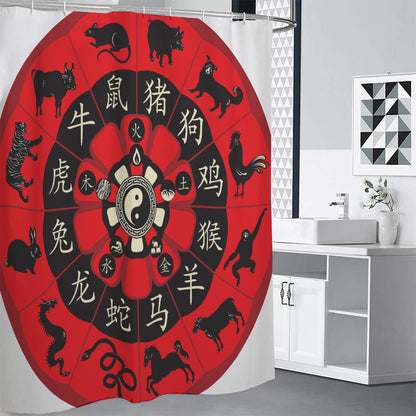 Red Chinese Zodiac Wheel Print Shower Curtain