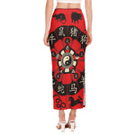 Red Chinese Zodiac Wheel Print Side Slit Maxi Skirt