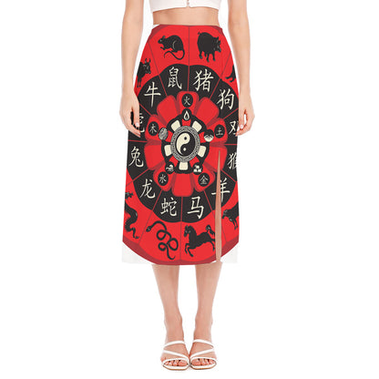 Red Chinese Zodiac Wheel Print Side Slit Midi Skirt