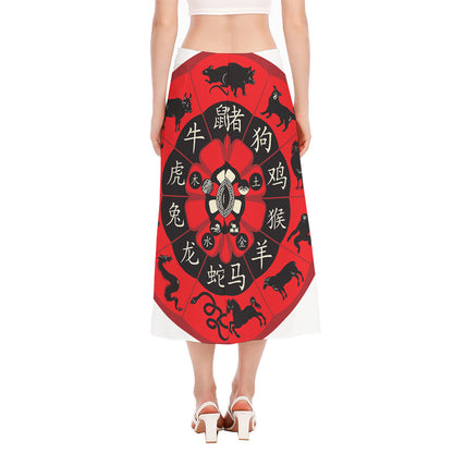 Red Chinese Zodiac Wheel Print Side Slit Midi Skirt