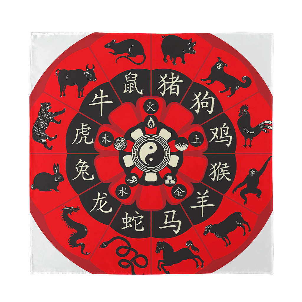 Red Chinese Zodiac Wheel Print Silk Bandana