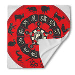 Red Chinese Zodiac Wheel Print Silk Bandana