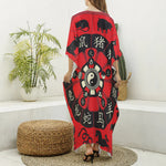 Red Chinese Zodiac Wheel Print Silk V-Neck Kaftan Dress
