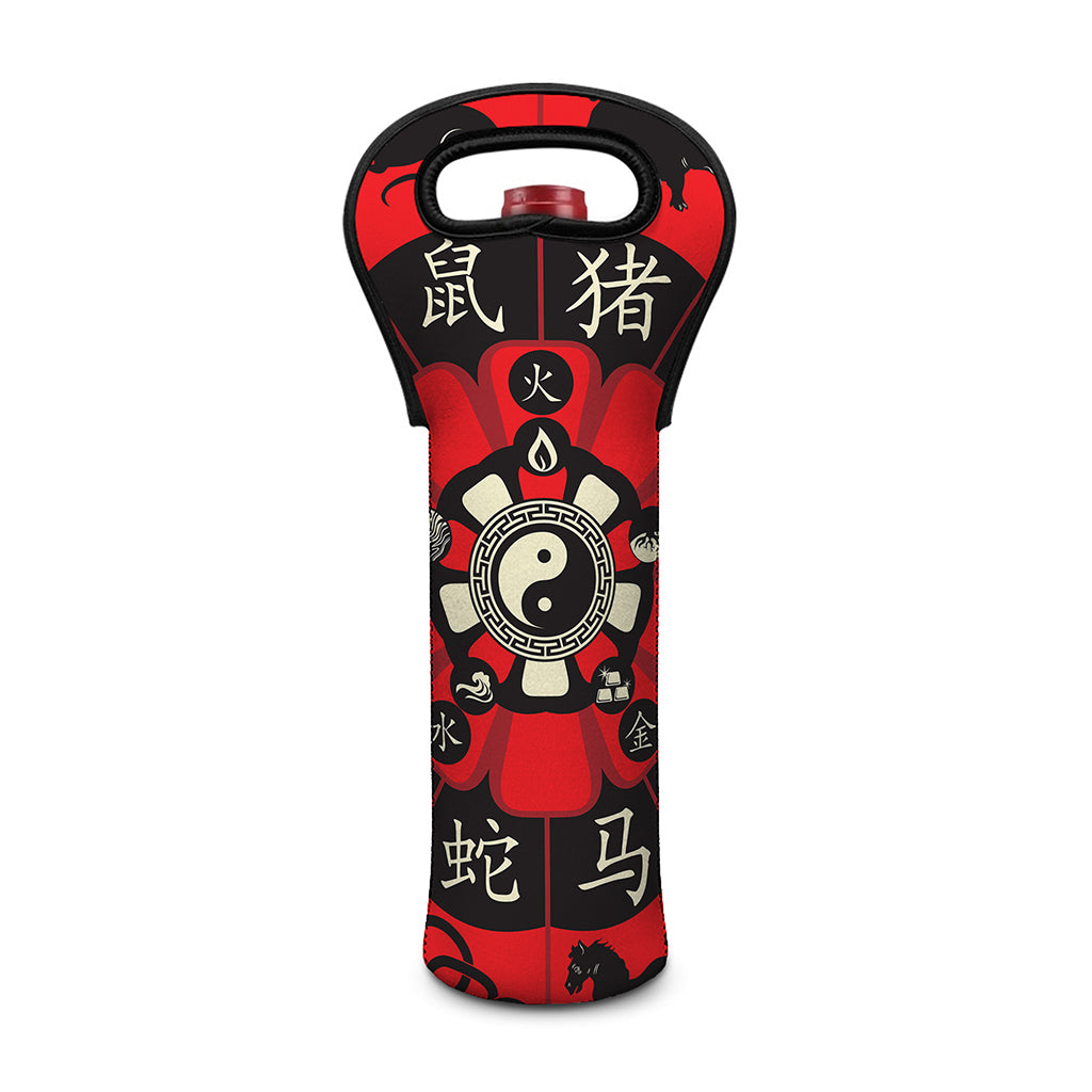 Red Chinese Zodiac Wheel Print Single Neoprene Wine Tote