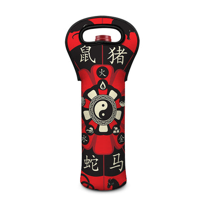 Red Chinese Zodiac Wheel Print Single Neoprene Wine Tote