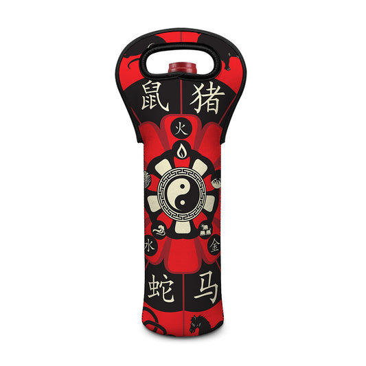 Red Chinese Zodiac Wheel Print Single Neoprene Wine Tote