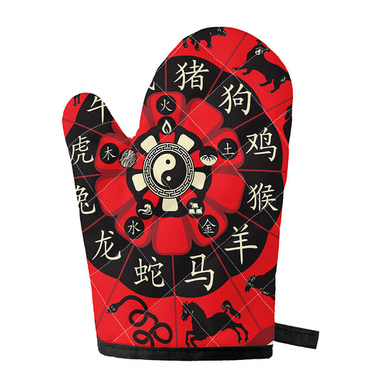 Red Chinese Zodiac Wheel Print Single Oven Mitt