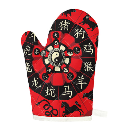 Red Chinese Zodiac Wheel Print Single Oven Mitt