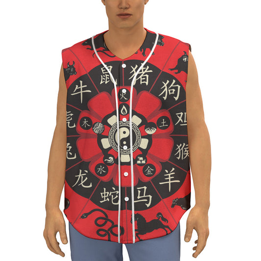 Red Chinese Zodiac Wheel Print Sleeveless Baseball Jersey